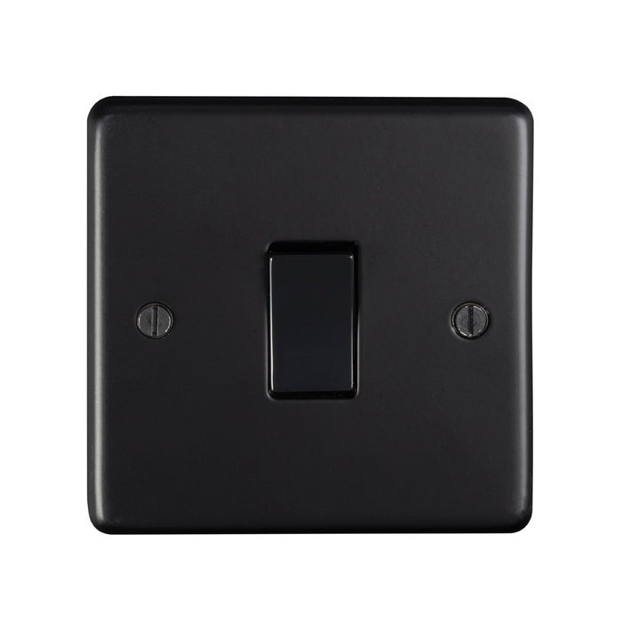 Eurolite Stainless Steel 20Amp Switch in black nickel, featuring a sleek, square design with a toggle switch and two mounting screws.