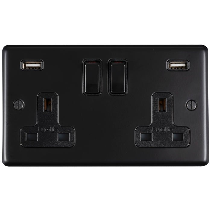 Eurolite Stainless Steel 2 Gang USB Socket in matt black, featuring two USB ports and two standard electrical outlets, designed for easy access and charging in residential or commercial settings.