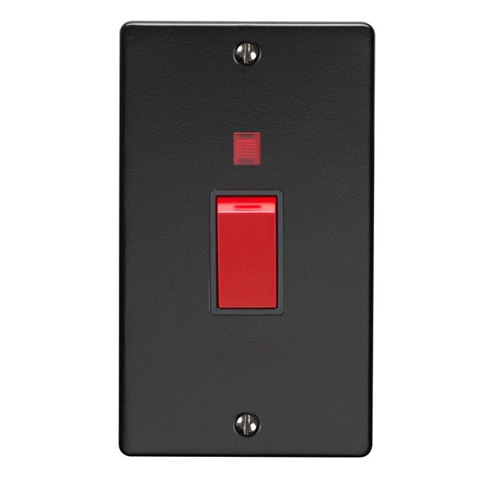Eurolite Stainless Steel 45Amp Switch with Neon Indicator in matt black finish, featuring a red toggle switch and a small red indicator light, mounted on a rectangular plate with visible mounting screws.