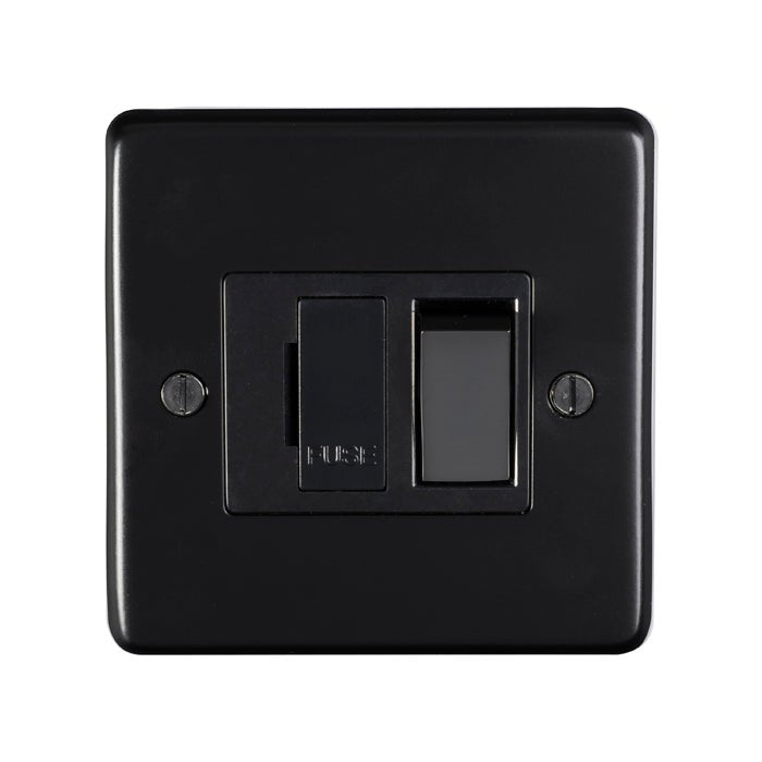 Eurolite Stainless Steel Switched Fuse Spur in matt black finish, featuring a switch and a fuse indicator on a square faceplate, designed for electrical installations.