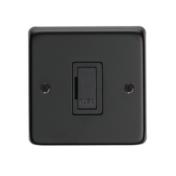 Eurolite Stainless Steel Unswitched Fuse Spur in Matt Black, featuring a rectangular design with a central switch labeled 'FUSE' and two visible mounting screws on a flat surface.