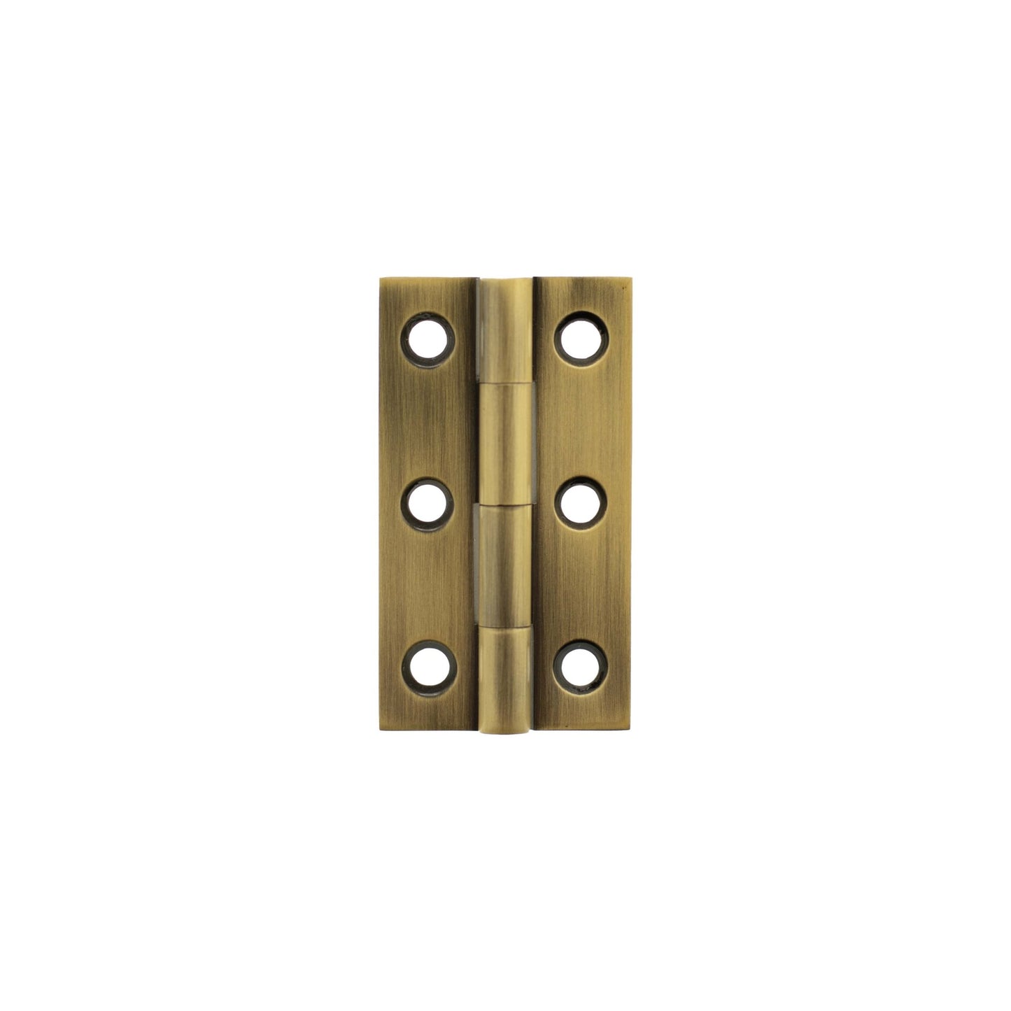 Atlantic Millhouse Brass Cabinet Butt Hinges measuring 50mm x 28mm x 2mm, featuring a decorative finish with six mounting holes for installation.