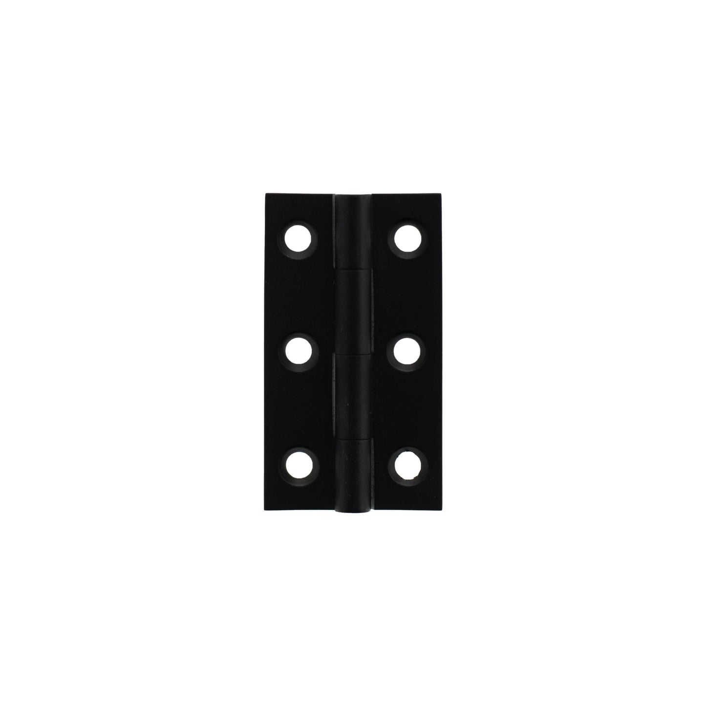 Atlantic Millhouse Brass Cabinet Butt Hinges in black finish, measuring 50mm x 28mm x 2mm, featuring a central pivot with six mounting holes for secure installation.