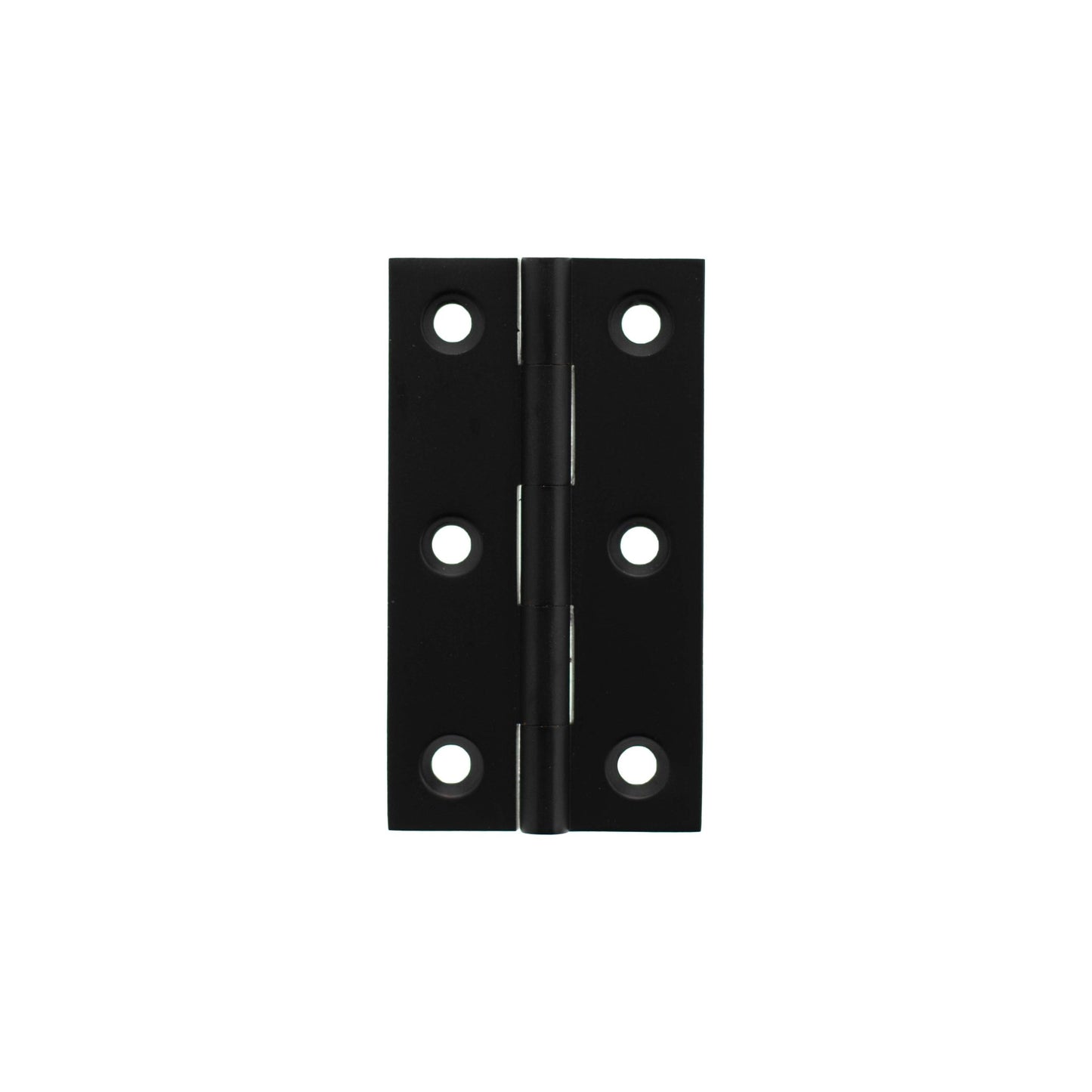 Atlantic Millhouse Brass Cabinet Butt Hinges measuring 64mm x 35mm x 2mm, featuring a sleek black finish with six screw holes for installation.
