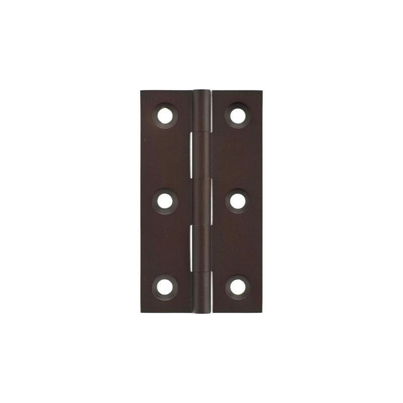 Atlantic Millhouse Brass Cabinet Butt Hinges measuring 64mm x 35mm x 2mm, featuring a dark finish with six holes for installation, designed for cabinet applications.