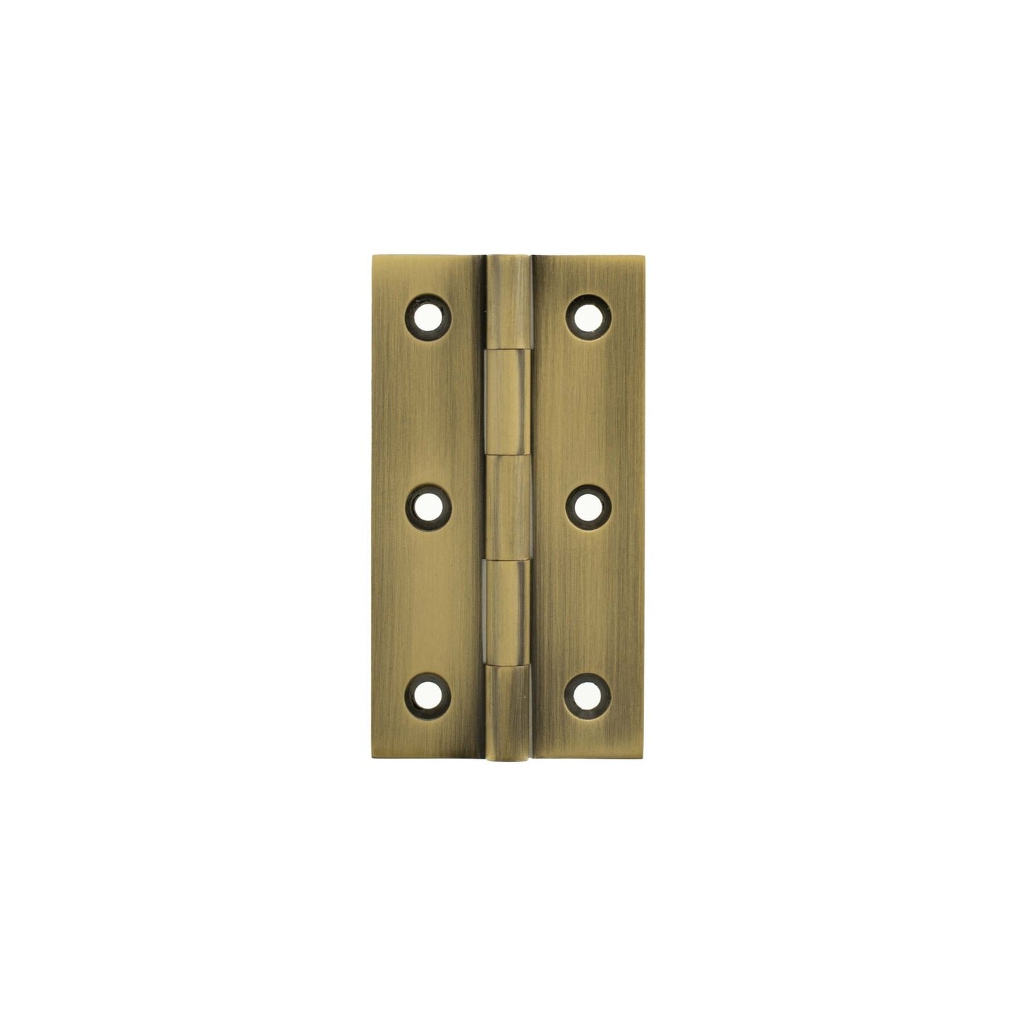 Atlantic Millhouse Brass Cabinet Butt Hinges measuring 75mm x 41mm x 2mm, featuring a brushed brass finish and four pre-drilled mounting holes for installation.