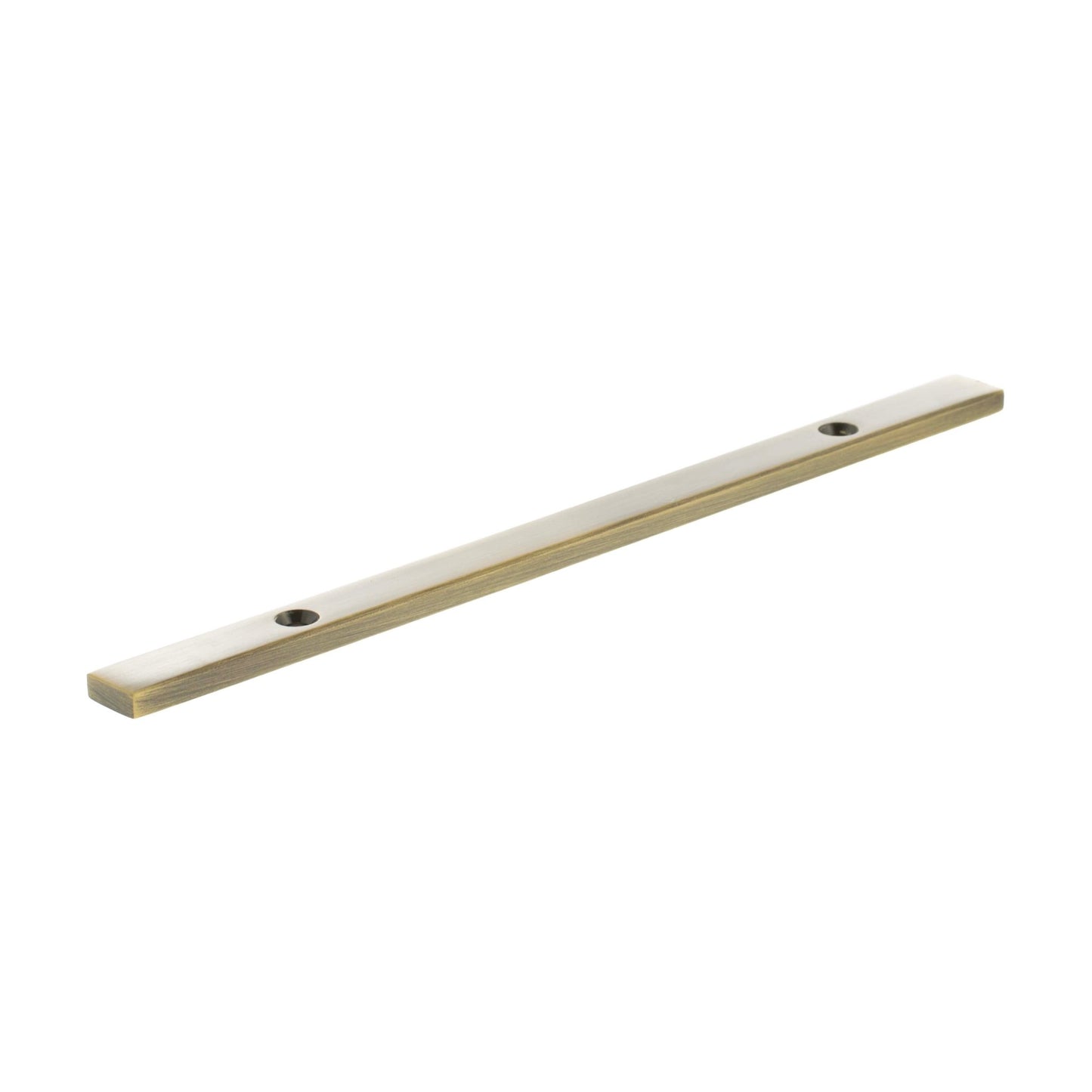 Atlantic Millhouse Brass Long Narrow Cabinet Handle Backplate, measuring 128mm, features a sleek, elongated design in a polished brass finish, with two pre-drilled holes for easy installation.