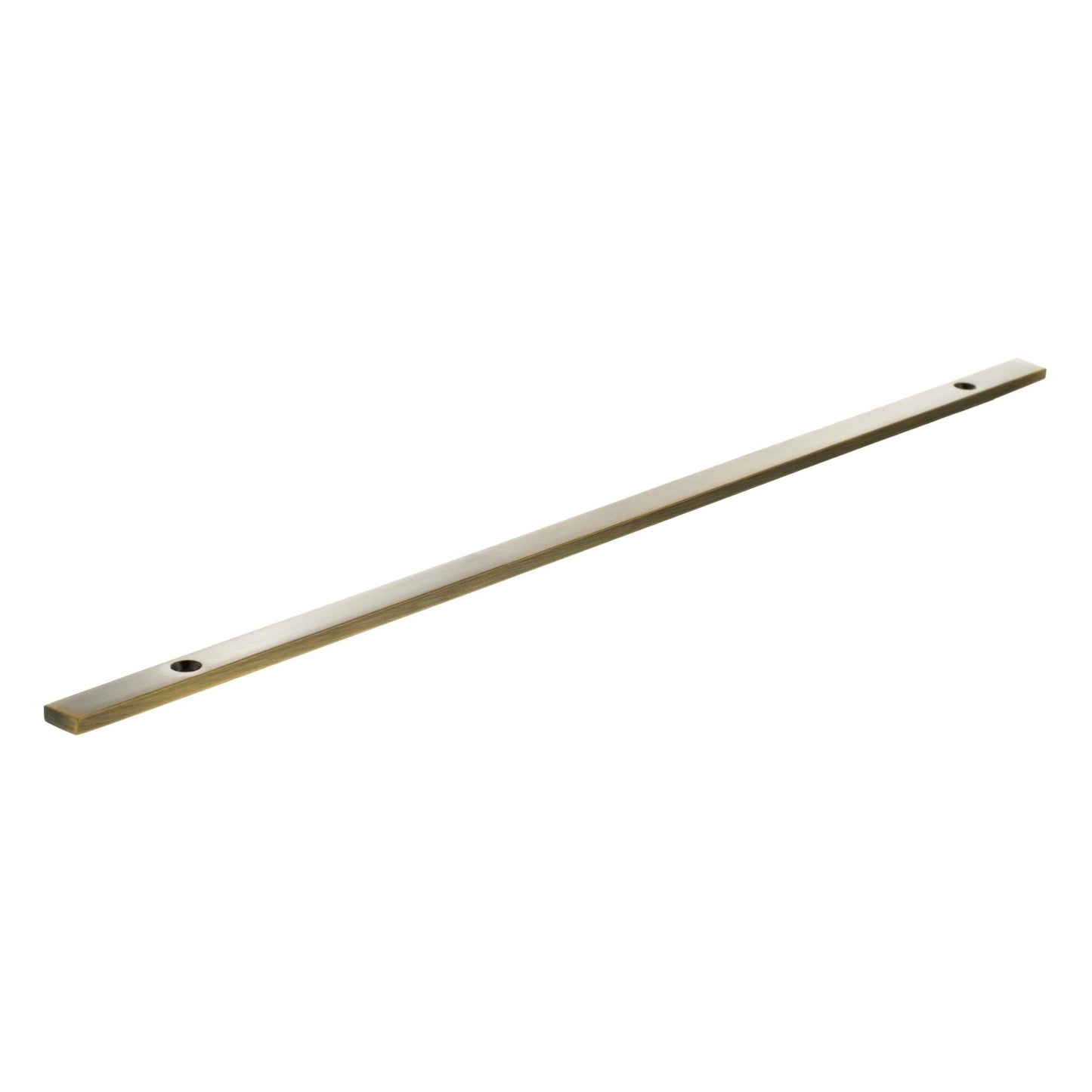 Atlantic Millhouse Brass Long Narrow Cabinet Handle Backplate measuring 320mm, featuring a simple, elongated rectangular design with two mounting holes.