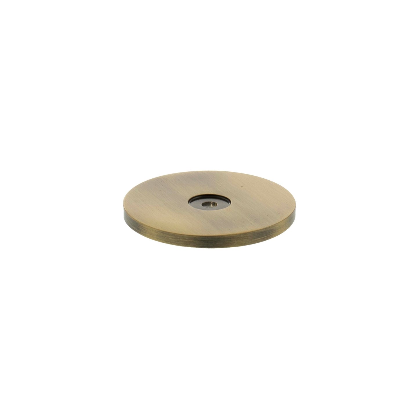 Atlantic Millhouse Brass Round Cabinet Handle Backplate, featuring a circular design with a smooth surface and a central hole for handle installation, finished in a warm brass color.
