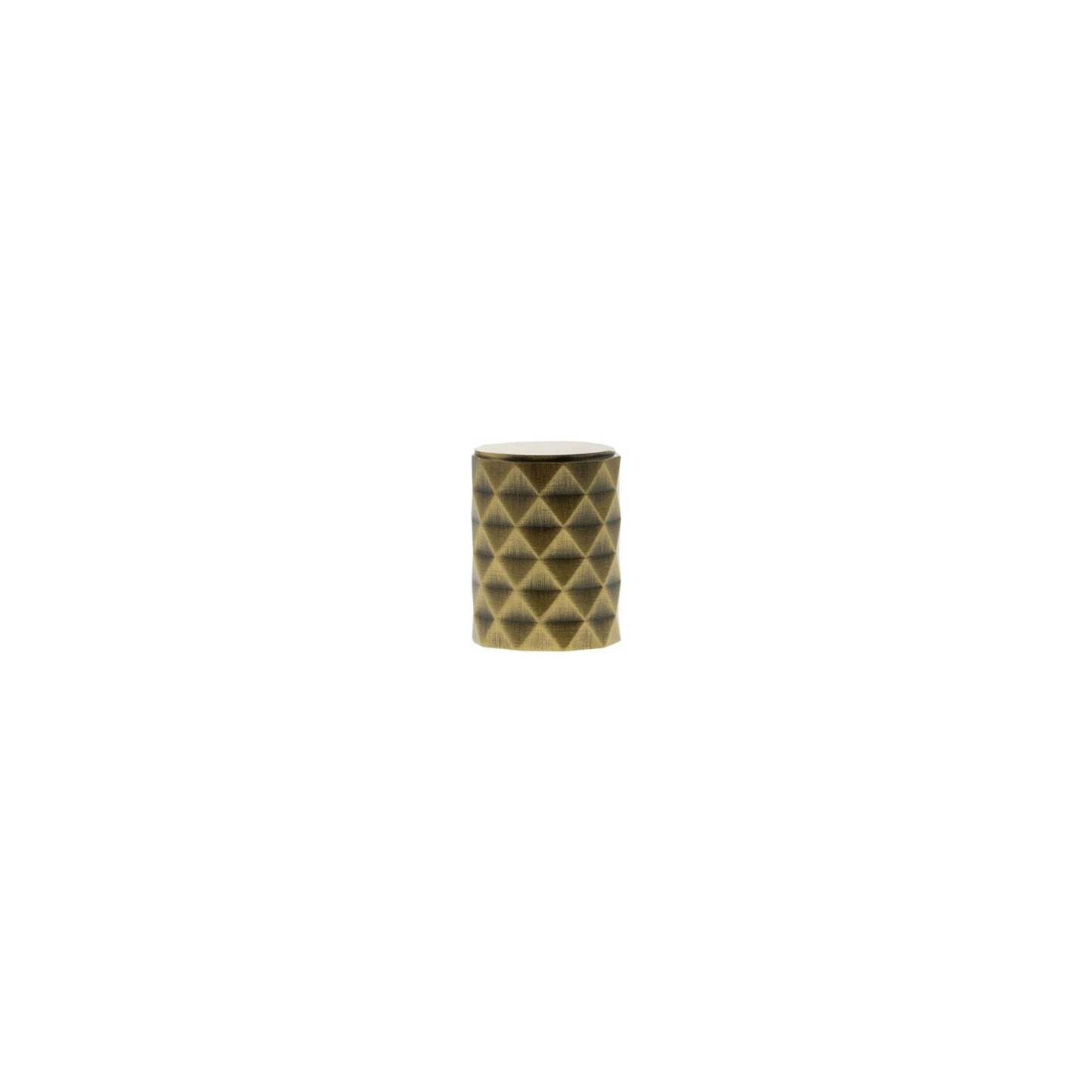 Atlantic Millhouse Brass Chrysler Diamond Cylinder Cabinet Knob Handle in brass finish, featuring a geometric diamond pattern and a cylindrical shape.