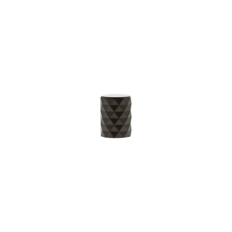 Atlantic Millhouse Brass Chrysler Diamond Cylinder Cabinet Knob Handle in a textured black finish, featuring a diamond pattern on a cylindrical shape for cabinet or drawer applications.