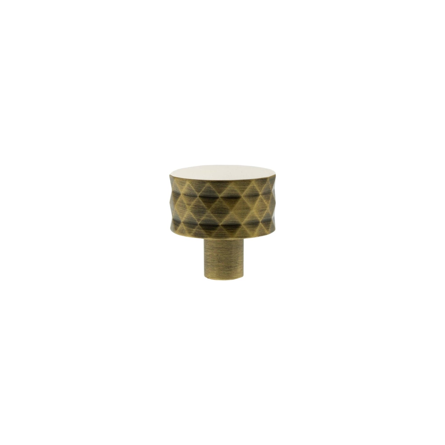 Atlantic Millhouse Brass Chrysler Diamond Round Cabinet Knob Handle in brass finish, featuring a diamond pattern and a circular top, designed for cabinet doors or drawers.