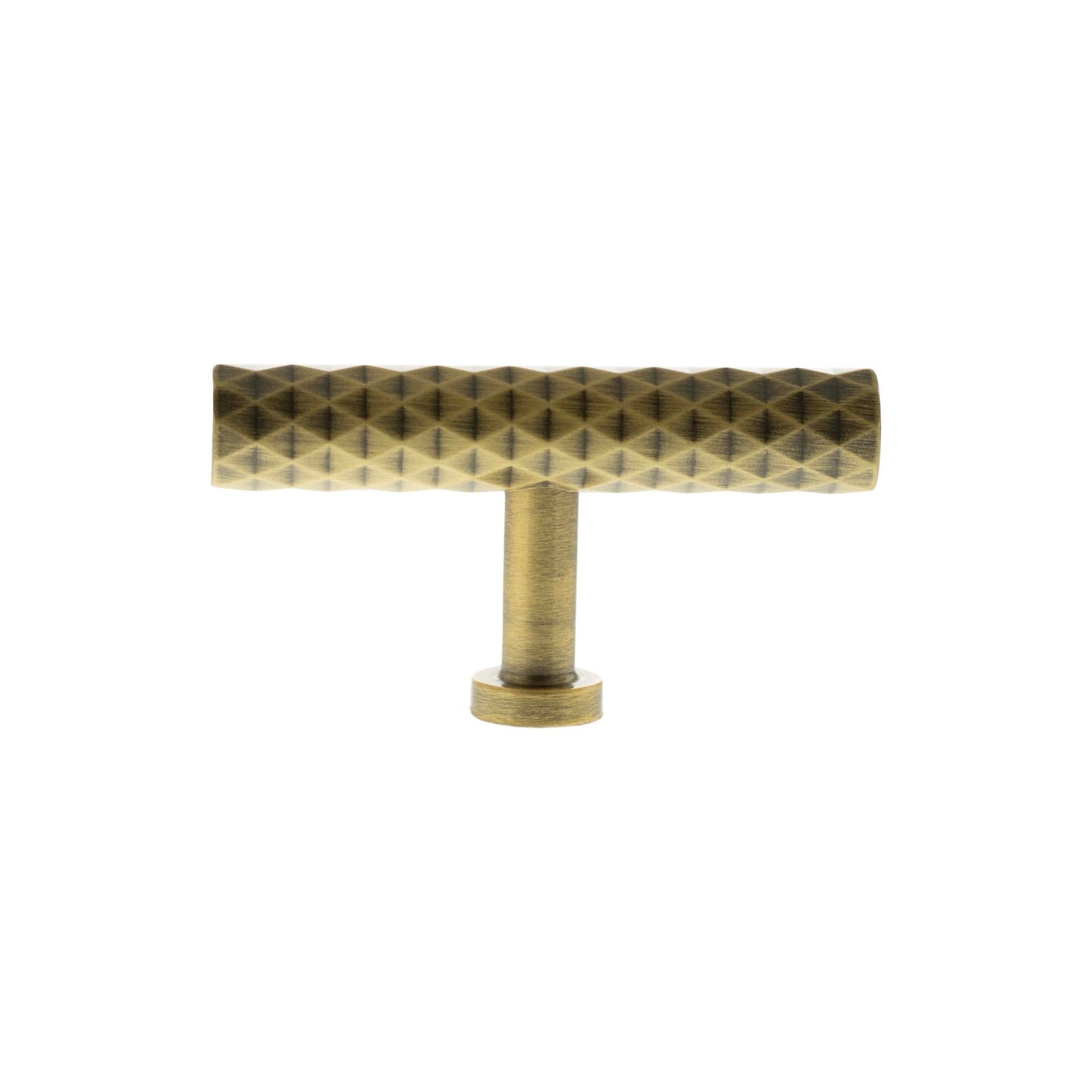 Atlantic Millhouse Brass Chrysler Diamond T-Bar Cabinet Knob Handle with a textured diamond pattern, featuring a cylindrical base for mounting.