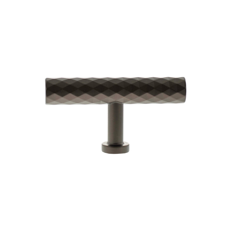 Atlantic Millhouse Brass Chrysler Diamond T-Bar Cabinet Knob Handle in a dark brass finish, featuring a diamond-patterned texture and a simple straight post for mounting.