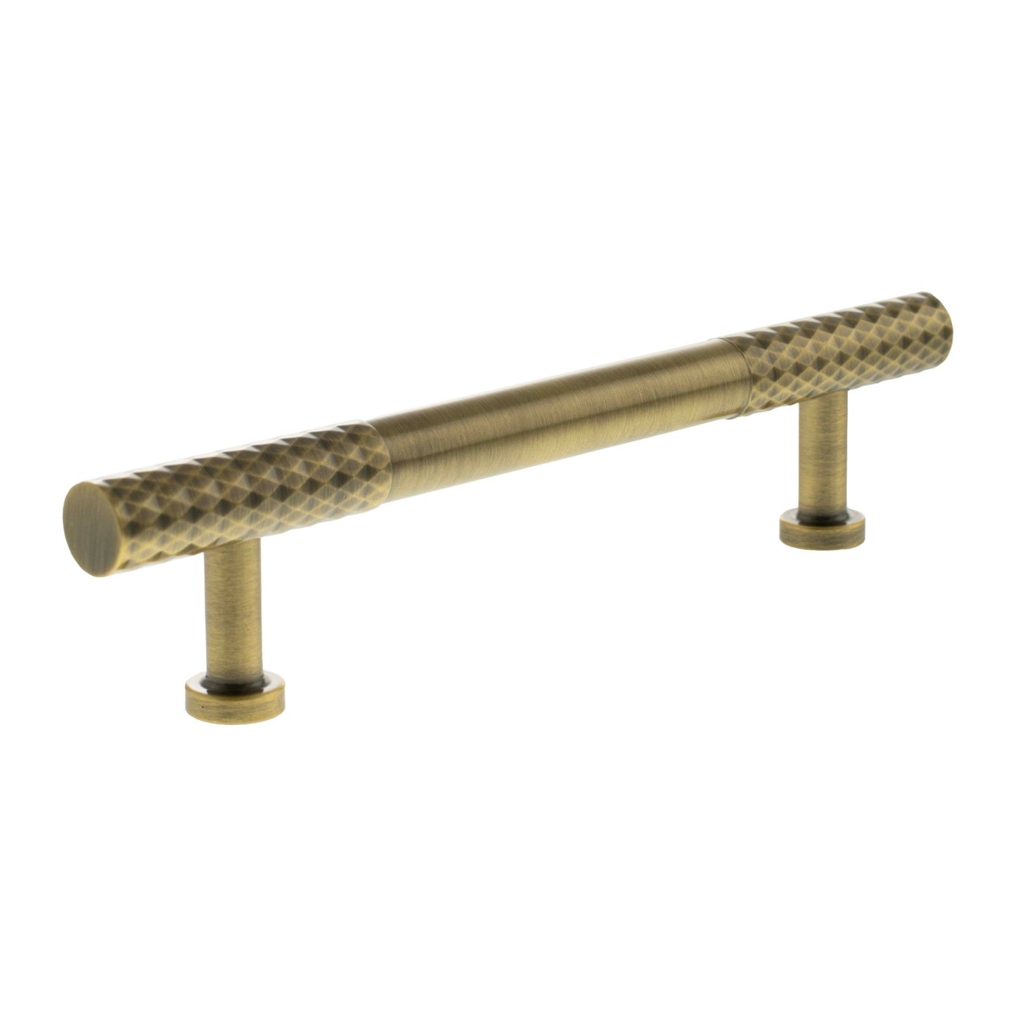 Atlantic Millhouse Brass Chrysler Diamond T-Bar Cabinet Pull Handle measuring 128mm, featuring a textured diamond pattern and sturdy mounting posts, made of brass material with a warm brass finish.