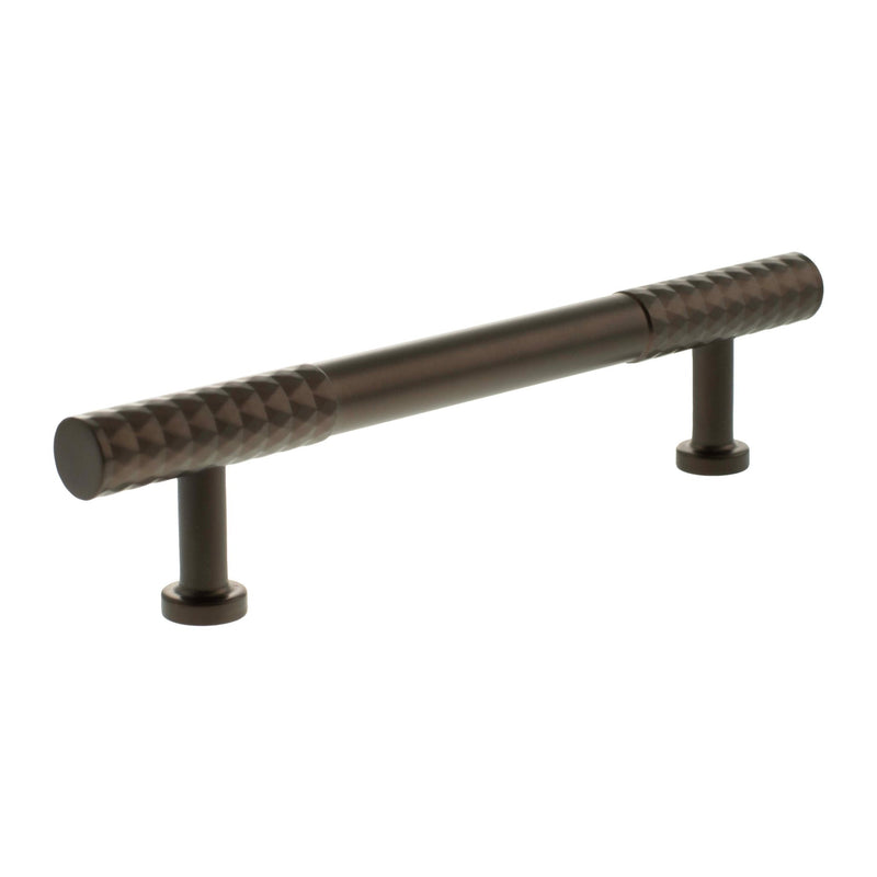 Atlantic Millhouse Brass Chrysler Diamond T-Bar Cabinet Pull Handle measuring 128mm, featuring a textured diamond pattern and a dark brass finish, designed for cabinetry.