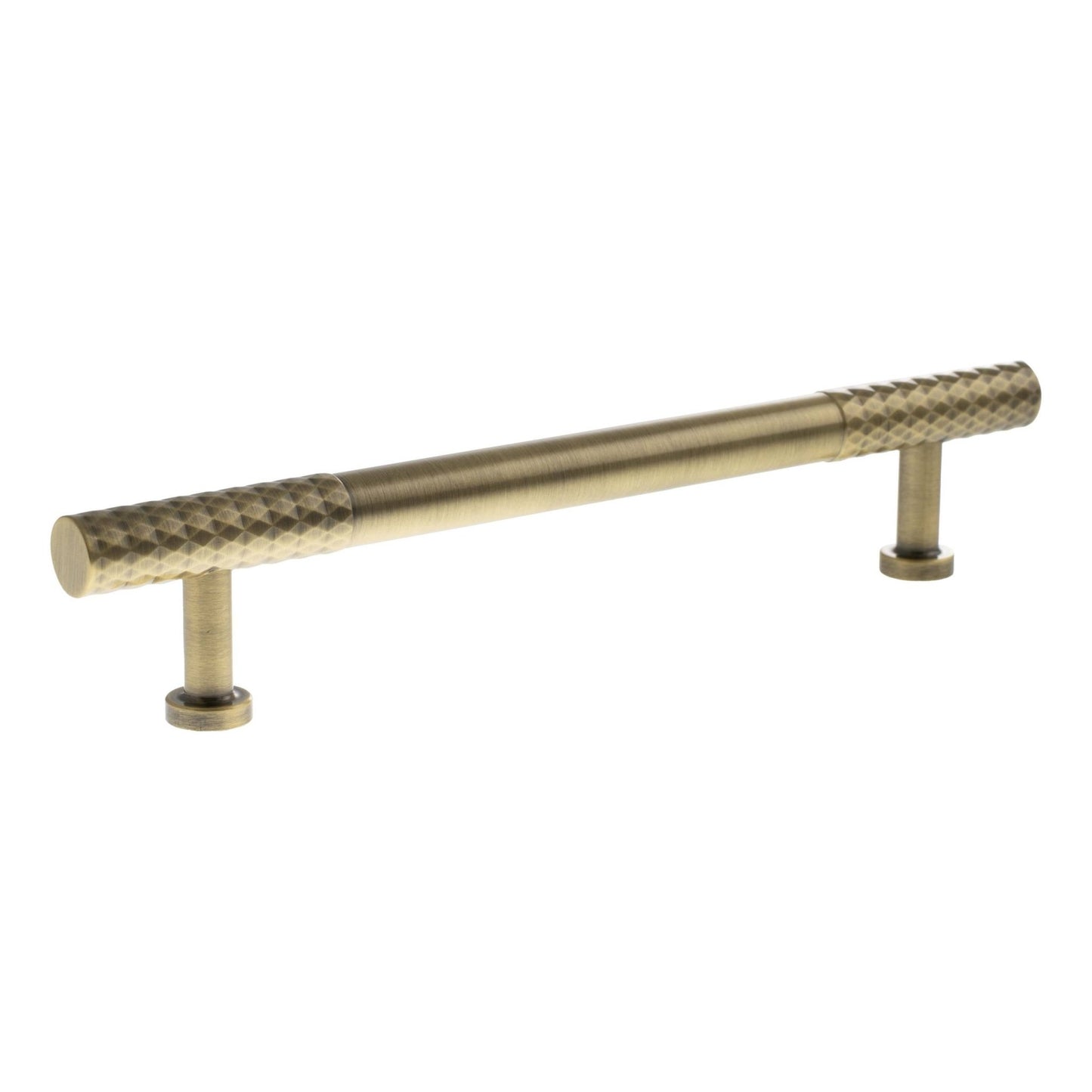 Atlantic Millhouse Brass Chrysler Diamond T-Bar Cabinet Pull Handle, measuring 160mm in length, features a textured diamond pattern on the handle ends, constructed from durable brass material.