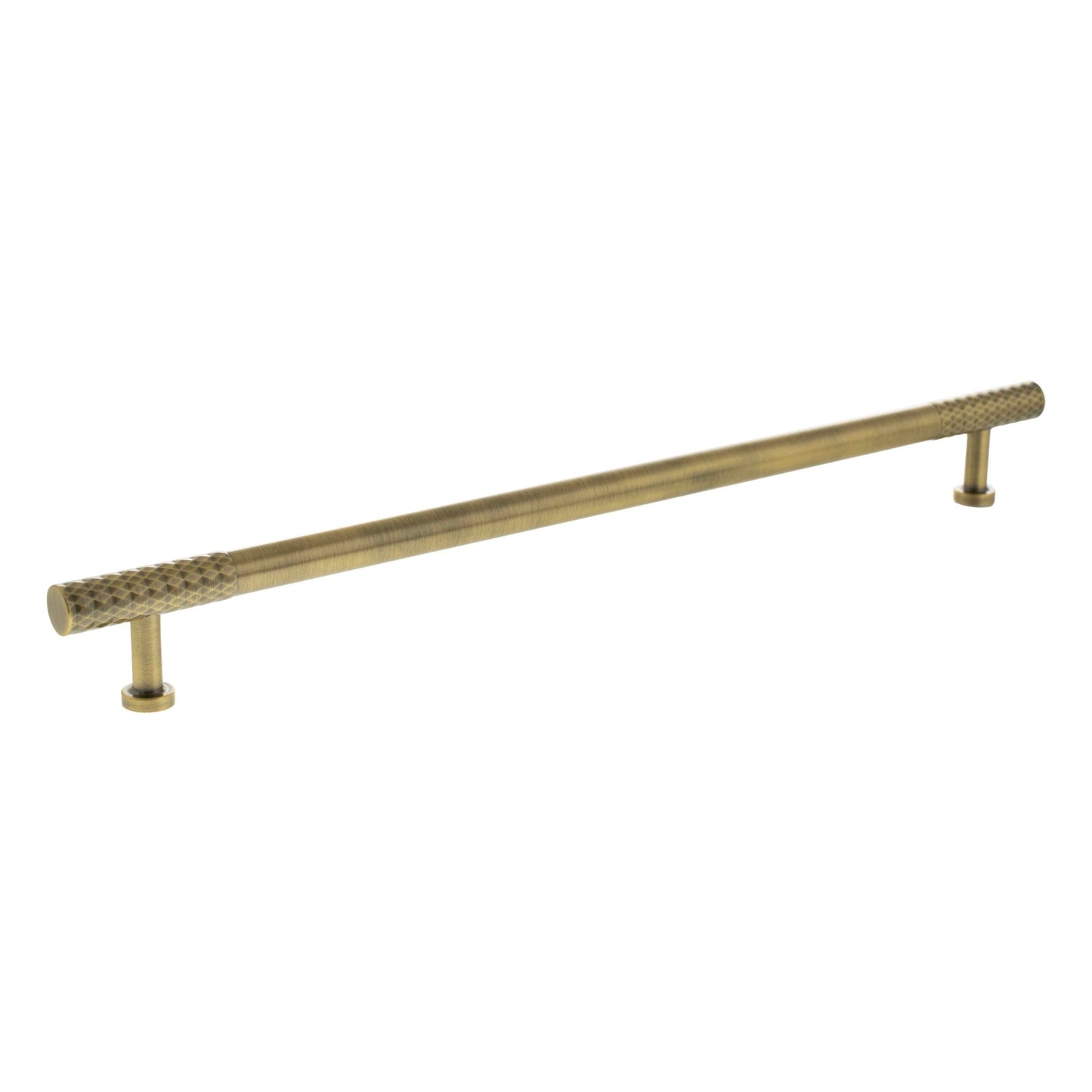 Atlantic Millhouse Brass Chrysler Diamond T-Bar Cabinet Pull Handle measuring 320mm, featuring a brushed brass finish with a textured grip on both ends.