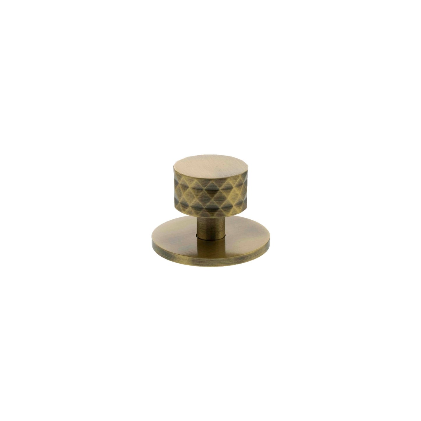 Atlantic Millhouse Brass Chrysler Diamond Round Cabinet Knob Handle on Backplate features a textured diamond pattern with a round backplate, all in a brushed brass finish for durability and style.