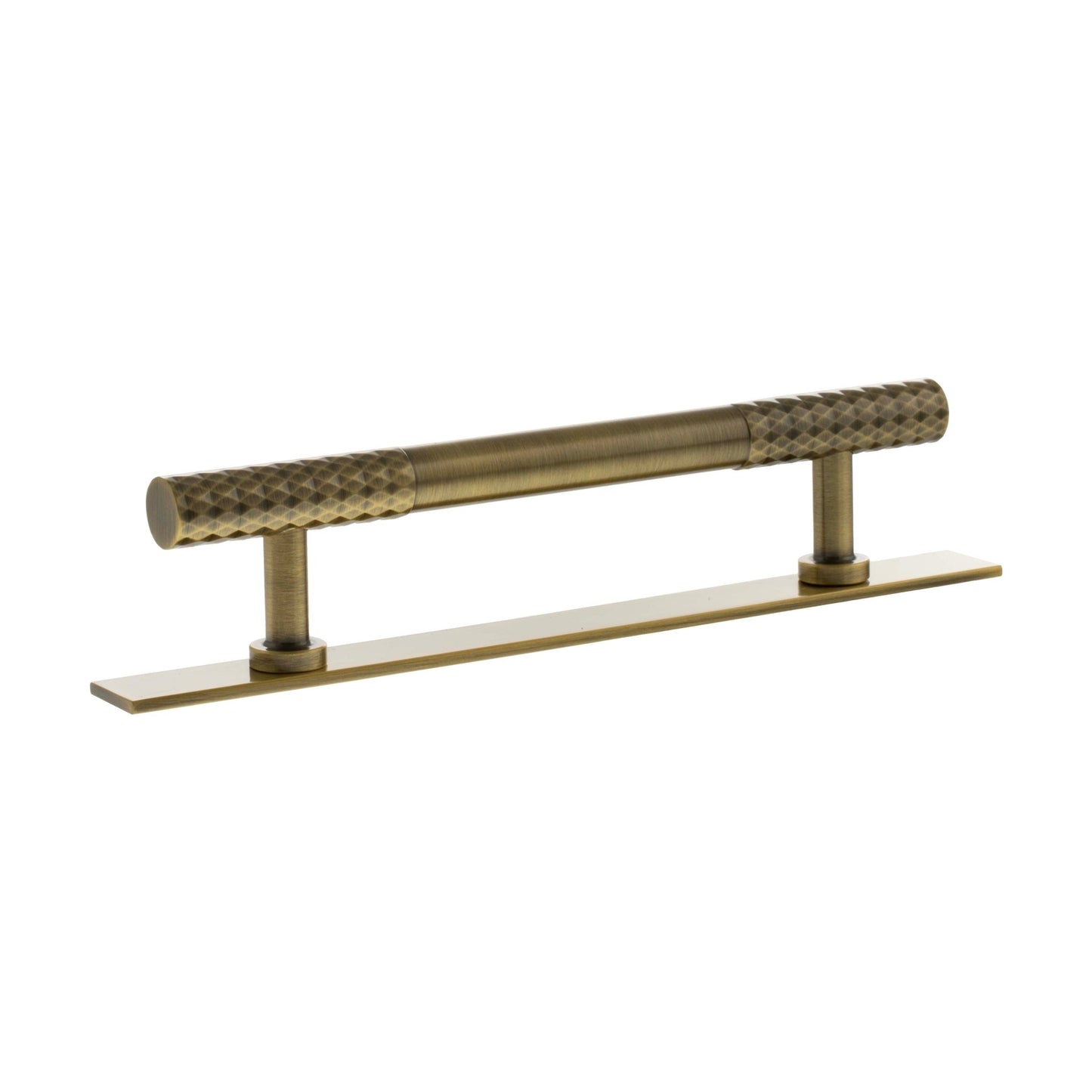 Atlantic Millhouse Brass Chrysler Diamond T-Bar Cabinet Pull Handle on Backplate, measuring 128mm in length, features a textured handle design and a rectangular backplate, both finished in a warm brass tone.