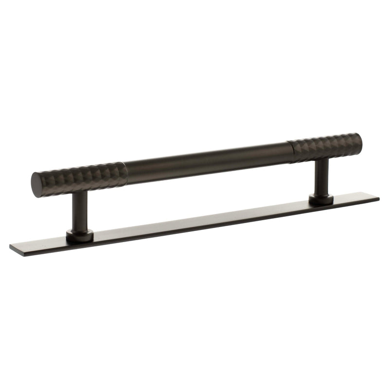 Atlantic Millhouse Brass Chrysler Diamond T-Bar Cabinet Pull Handle on Backplate, 160mm in a dark finish, featuring ribbed grip handles and a matching rectangular backplate.