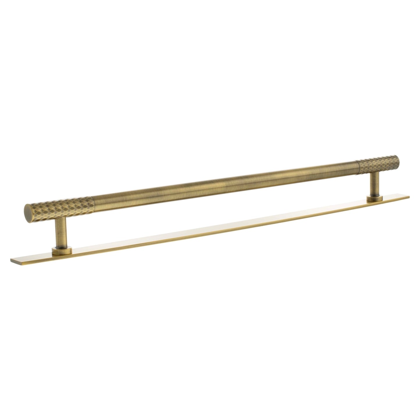 Atlantic Millhouse Brass Chrysler Diamond T-Bar Cabinet Pull Handle on Backplate, measuring 320mm in length, features a textured grip and a sleek backplate, both in a warm brass finish.