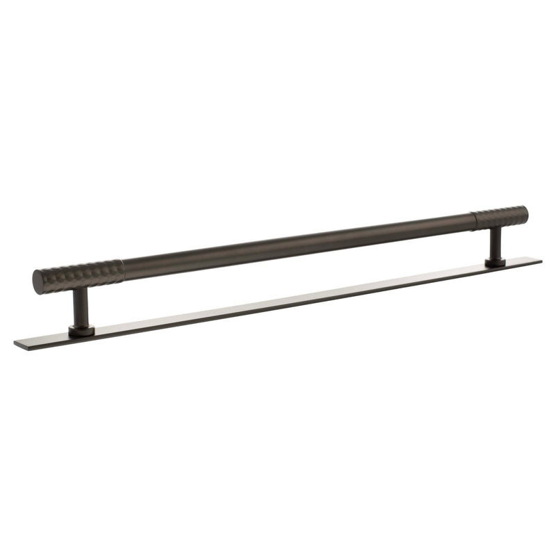 Atlantic Millhouse Brass Chrysler Diamond T-Bar Cabinet Pull Handle on Backplate, measuring 320mm in length with a sleek design featuring ribbed grips and a smooth finish.