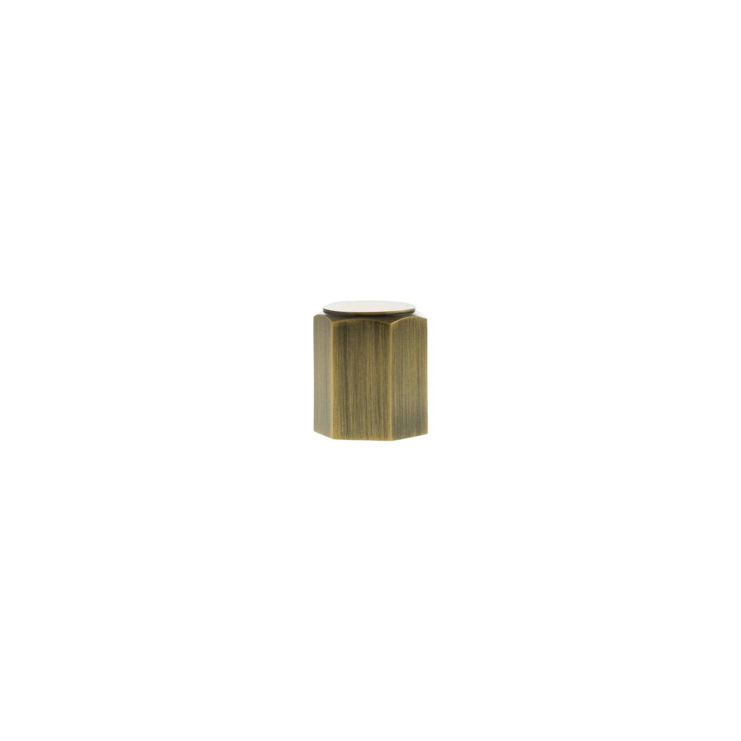 Atlantic Millhouse Brass Pennington Hexagonal Cylinder Cabinet Knob Handle in an antique brass finish, featuring a hexagonal shape with textured detailing on the surface.