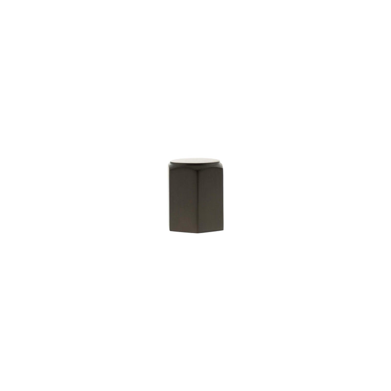 Atlantic Millhouse Brass Pennington Hexagonal Cylinder Cabinet Knob Handle in a dark bronze finish, featuring a geometric hexagonal shape for cabinetry.