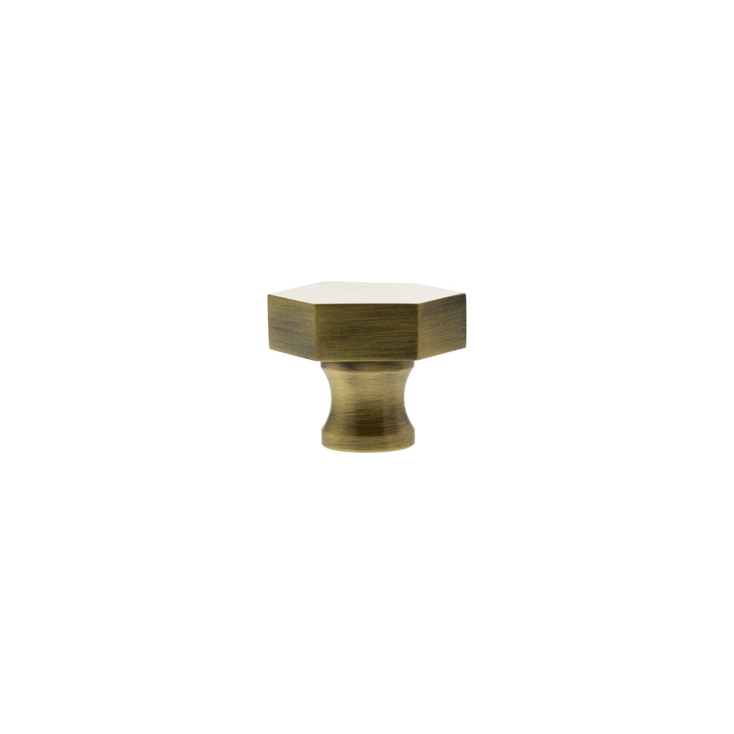 Atlantic Millhouse Brass Pennington Hexagonal Cabinet Knob Handle in brushed brass finish, featuring a hexagonal shape with a tapered base, designed for easy grip and installation on cabinets or furniture.