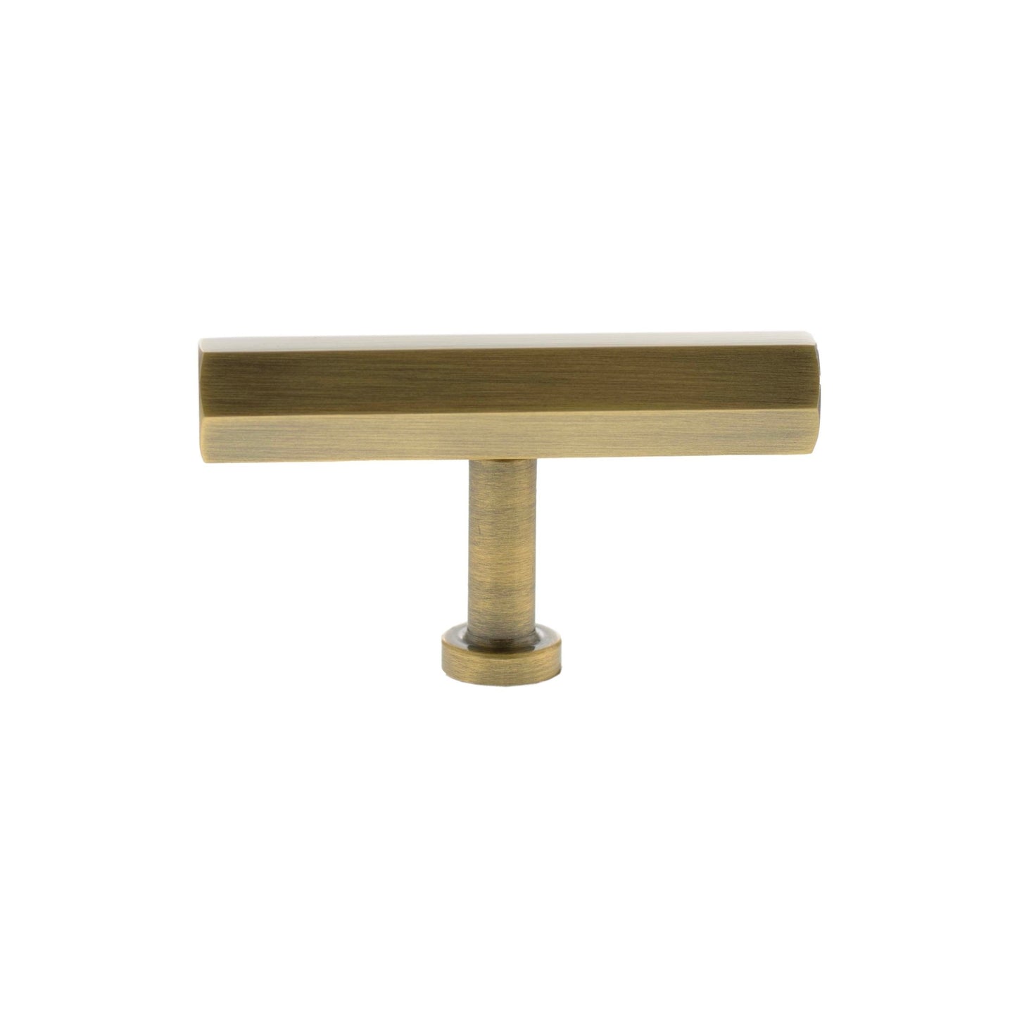 Atlantic Millhouse Brass Pennington Hexagonal T-Bar Cabinet Knob Handle in a brushed brass finish, featuring a simple, hexagonal T-bar design with a central mounting post.