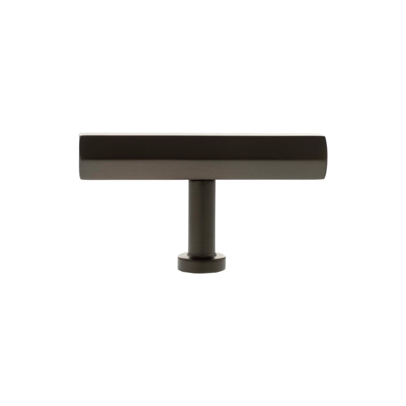 Atlantic Millhouse Brass Pennington Hexagonal T-Bar Cabinet Knob Handle in a dark bronze finish, featuring a hexagonal shape and sturdy design for cabinets or drawers.