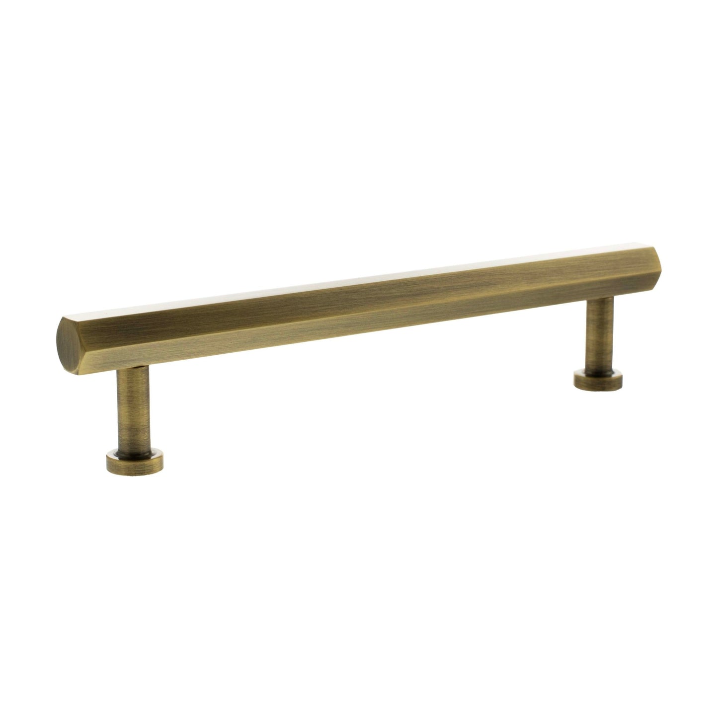 Atlantic Millhouse Brass Pennington Hexagonal T-Bar Cabinet Pull Handle measuring 160mm, featuring a brushed antique brass finish and hexagonal design.