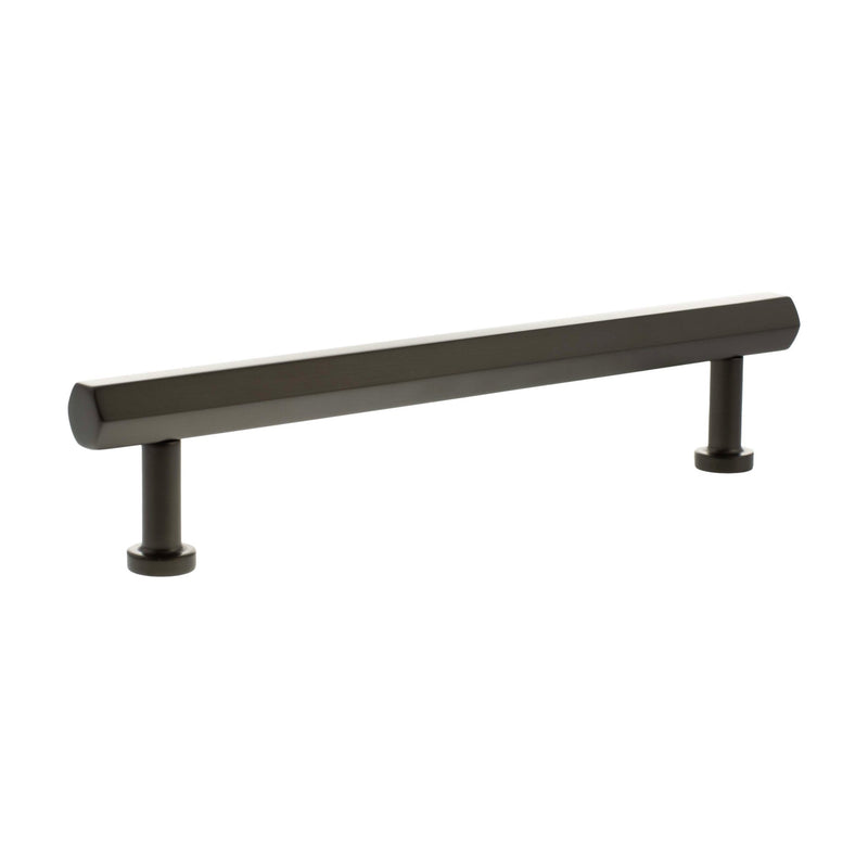Atlantic Millhouse Brass Pennington Hexagonal T-Bar Cabinet Pull Handle measuring 160mm in a dark finish, featuring a sleek hexagonal design with two cylindrical supports.