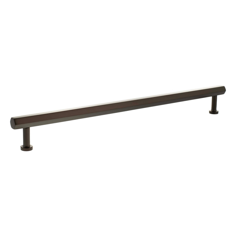 Atlantic Millhouse Brass Pennington Hexagonal T-Bar Cabinet Pull Handle measuring 320mm, featuring a sleek design in a dark bronze finish, made of durable brass for cabinetry applications.