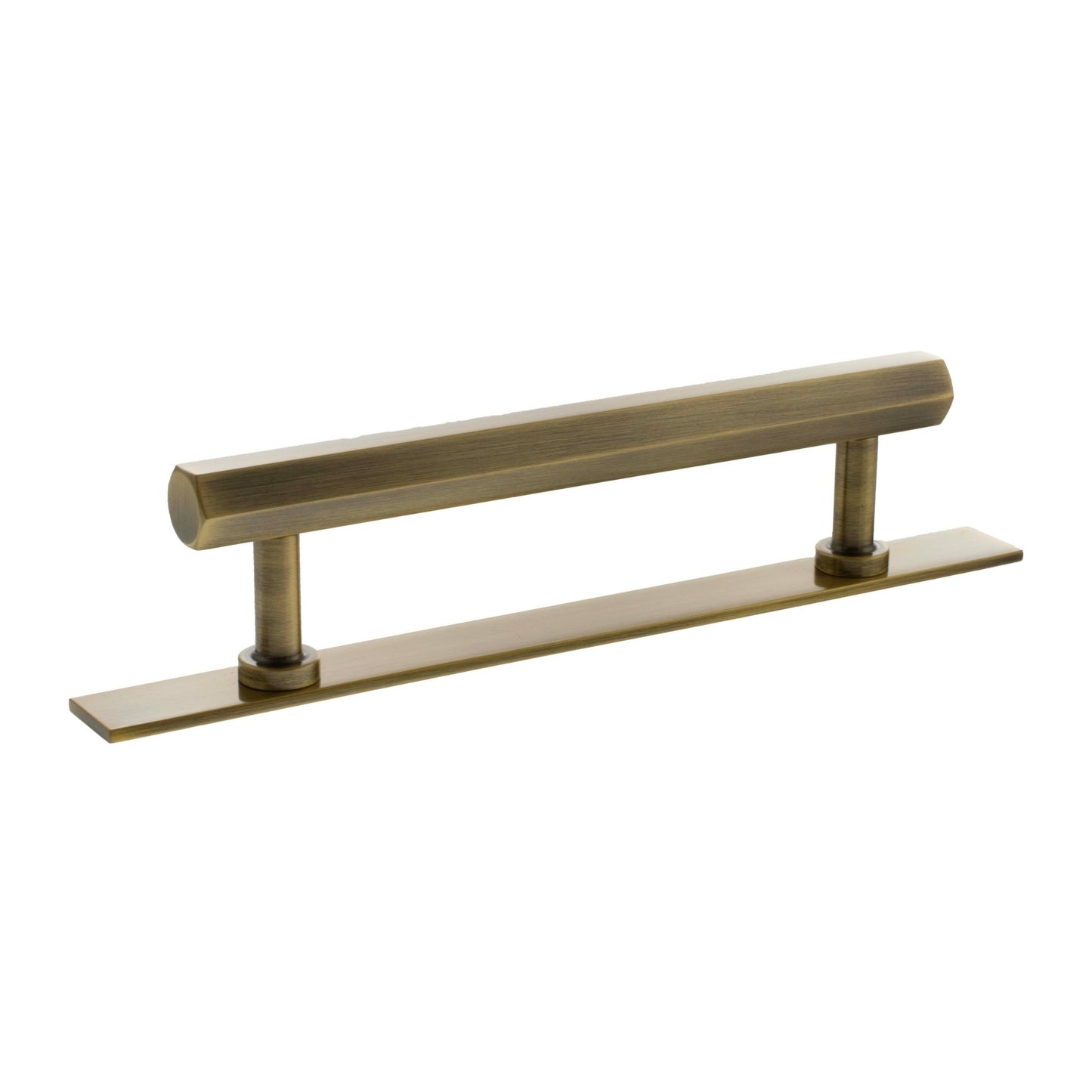Atlantic Millhouse Brass Pennington Hexagonal T-Bar Cabinet Pull Handle on Backplate, measuring 128mm, featuring a brushed brass finish with a sleek, elongated design and sturdy mounting posts.
