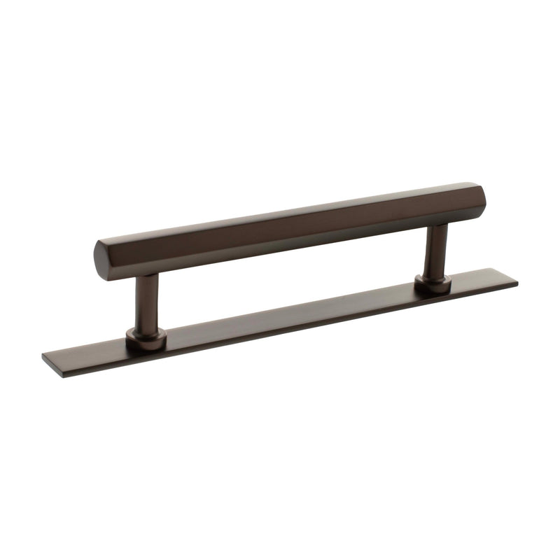 Atlantic Millhouse Brass Pennington Hexagonal T-Bar Cabinet Pull Handle on Backplate, measuring 128mm, features a smooth dark bronze finish with a hexagonal profile and a sturdy mounting backplate.