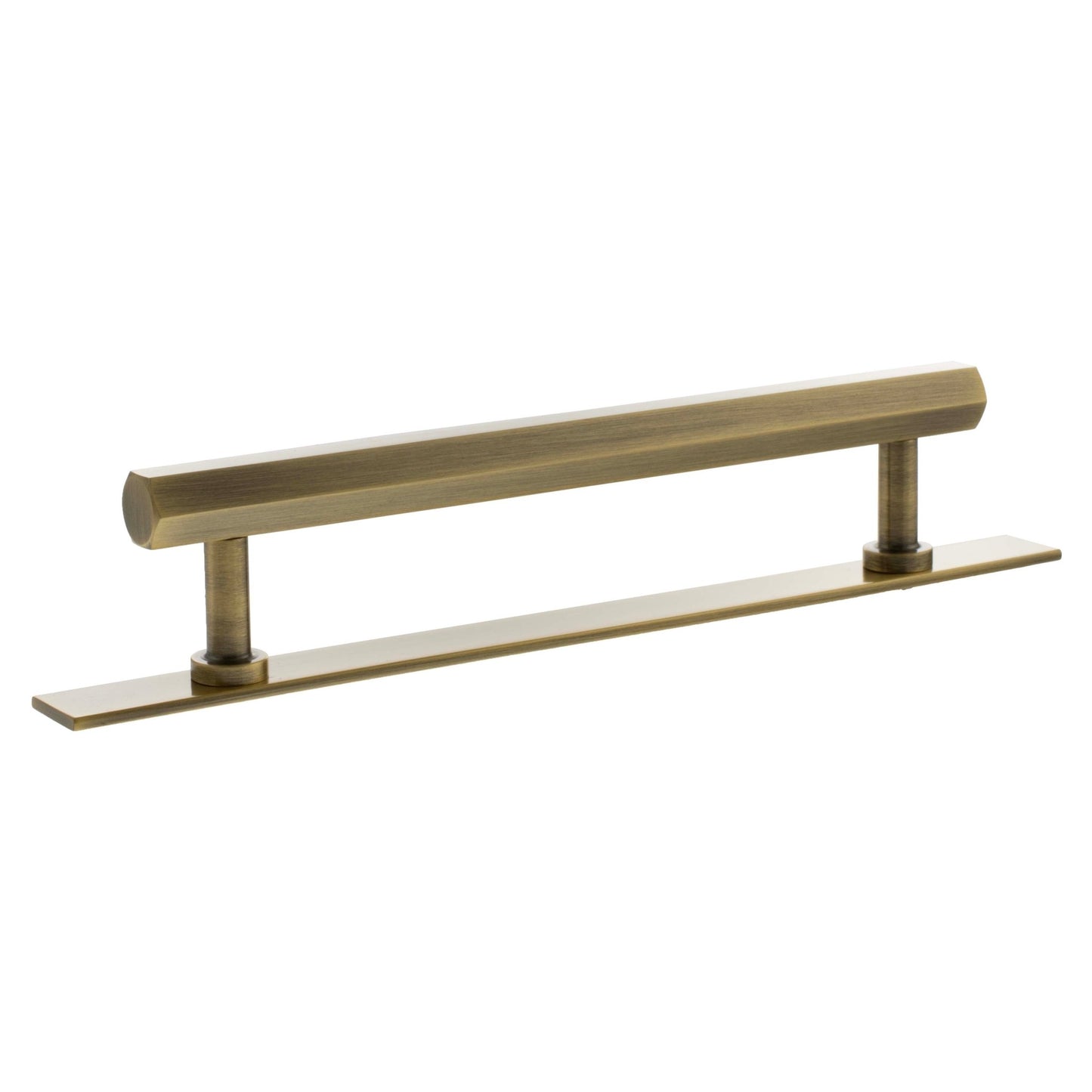 Atlantic Millhouse Brass Pennington Hexagonal T-Bar Cabinet Pull Handle on Backplate, measuring 160mm, features a sleek brass finish with a rectangular backplate and T-bar design, suitable for cabinet installation.
