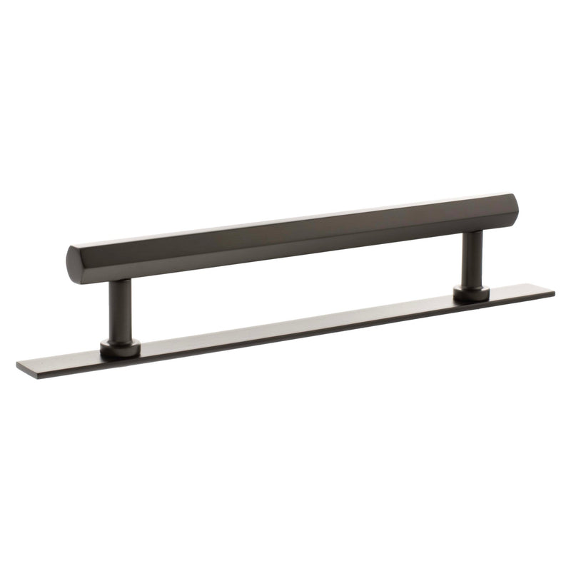 Atlantic Millhouse Brass Pennington Hexagonal T-Bar Cabinet Pull Handle on Backplate, measuring 160mm in a dark finish, designed with a hexagonal shape, mounted on a flat rectangular backplate.