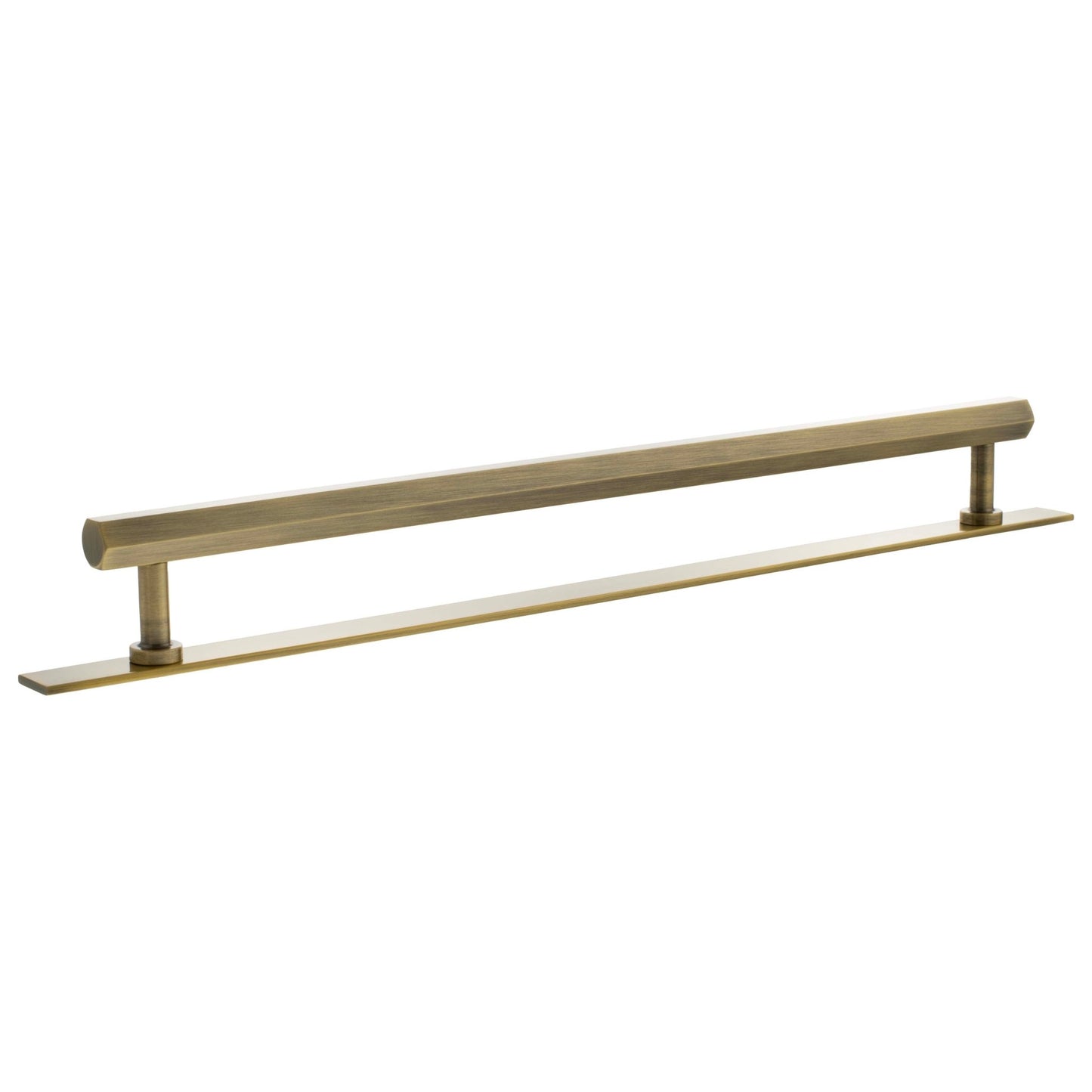Atlantic Millhouse Brass Pennington Hexagonal T-Bar Cabinet Pull Handle on Backplate, measuring 320mm in length, featuring a sleek brass finish and simple design suitable for drawers and cabinets.