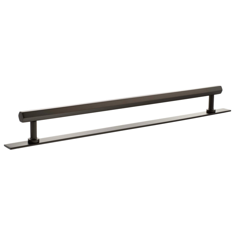 Atlantic Millhouse Brass Pennington Hexagonal T-Bar Cabinet Pull Handle on Backplate in a dark finish, measuring 320mm long, featuring a simple and modern design suitable for cabinets.