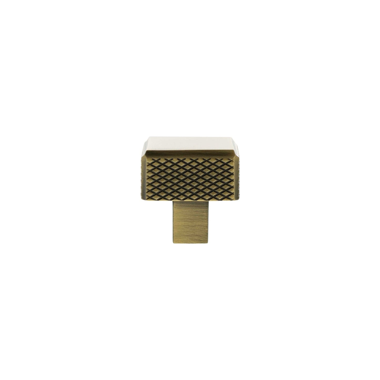 Atlantic Millhouse Brass Eiffel Knurled Square Cabinet Knob Handle with a square design featuring a textured surface and a matte brass finish, designed for easy grip and installation.