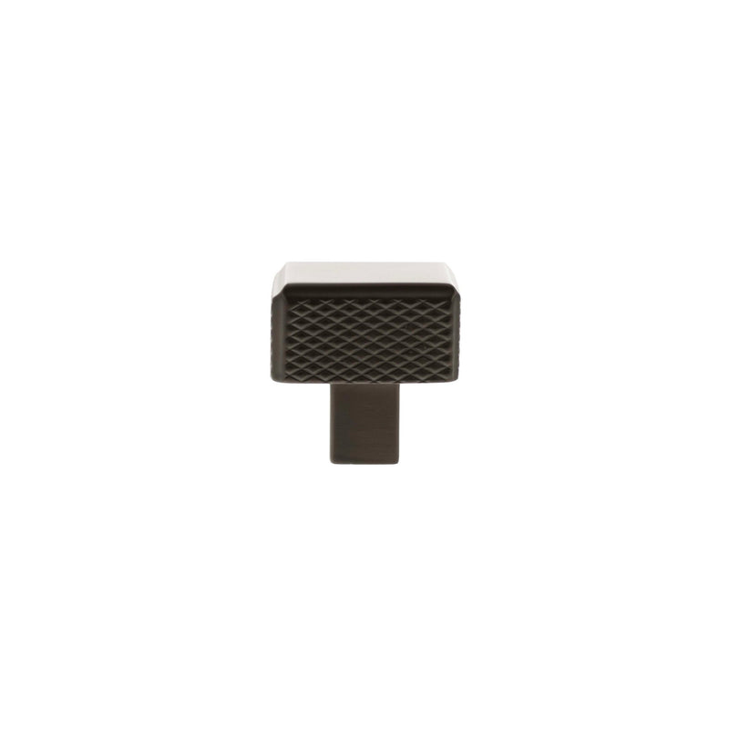 Atlantic Millhouse Brass Eiffel Knurled Square Cabinet Knob Handle in a dark finish with a square shape and textured surface, designed for easy grip and installation on cabinets.