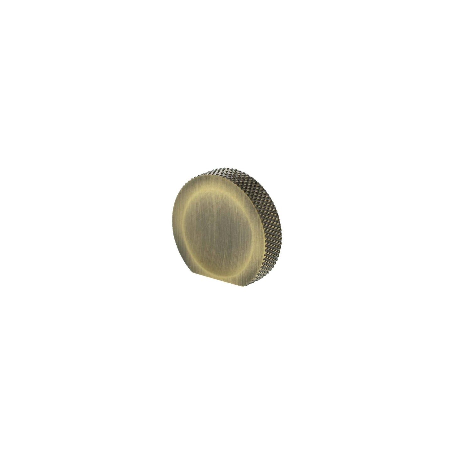 Atlantic Millhouse Brass Eiffel Knurled Finger Pull Cabinet Knob Handle featuring a round, brushed brass finish with knurled edges for grip. Designed for cabinetry, this knob adds a modern touch to furniture.