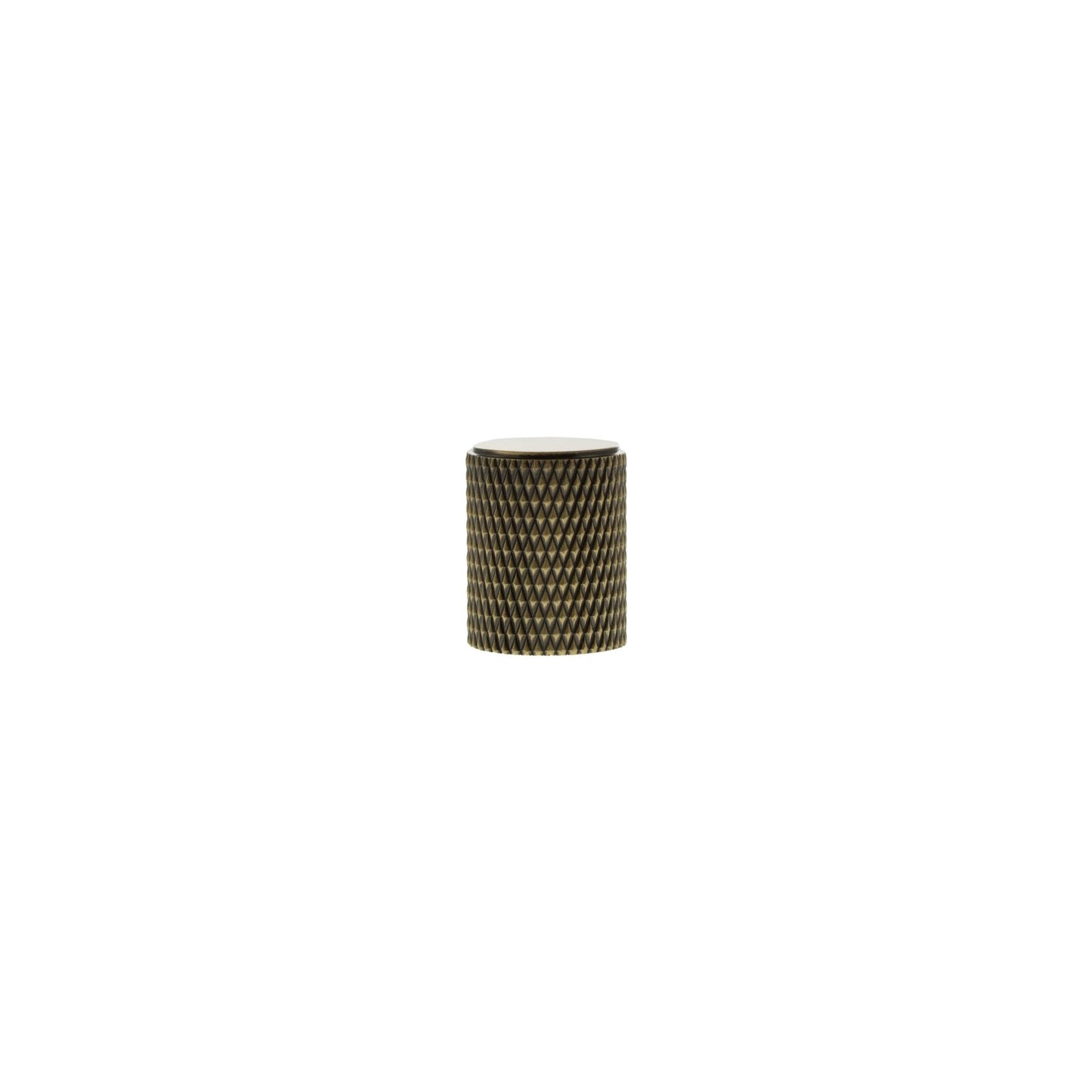 Atlantic Millhouse Brass Eiffel Knurled Cylinder Cabinet Knob Handle, featuring a cylindrical shape with a knurled texture for enhanced grip, made of brass with a polished finish.