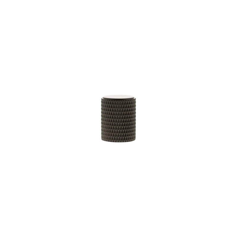 Atlantic Millhouse Brass Eiffel Knurled Cylinder Cabinet Knob Handle featuring a cylindrical shape with a knurled texture, in a gold brass finish, designed for adding an accent to cabinets or drawers.
