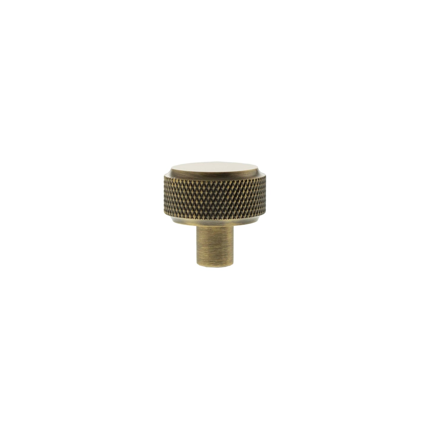 Atlantic Millhouse Brass Eiffel Knurled Round Cabinet Knob Handle in a brushed brass finish, featuring a knurled texture for grip and a rounded top design.