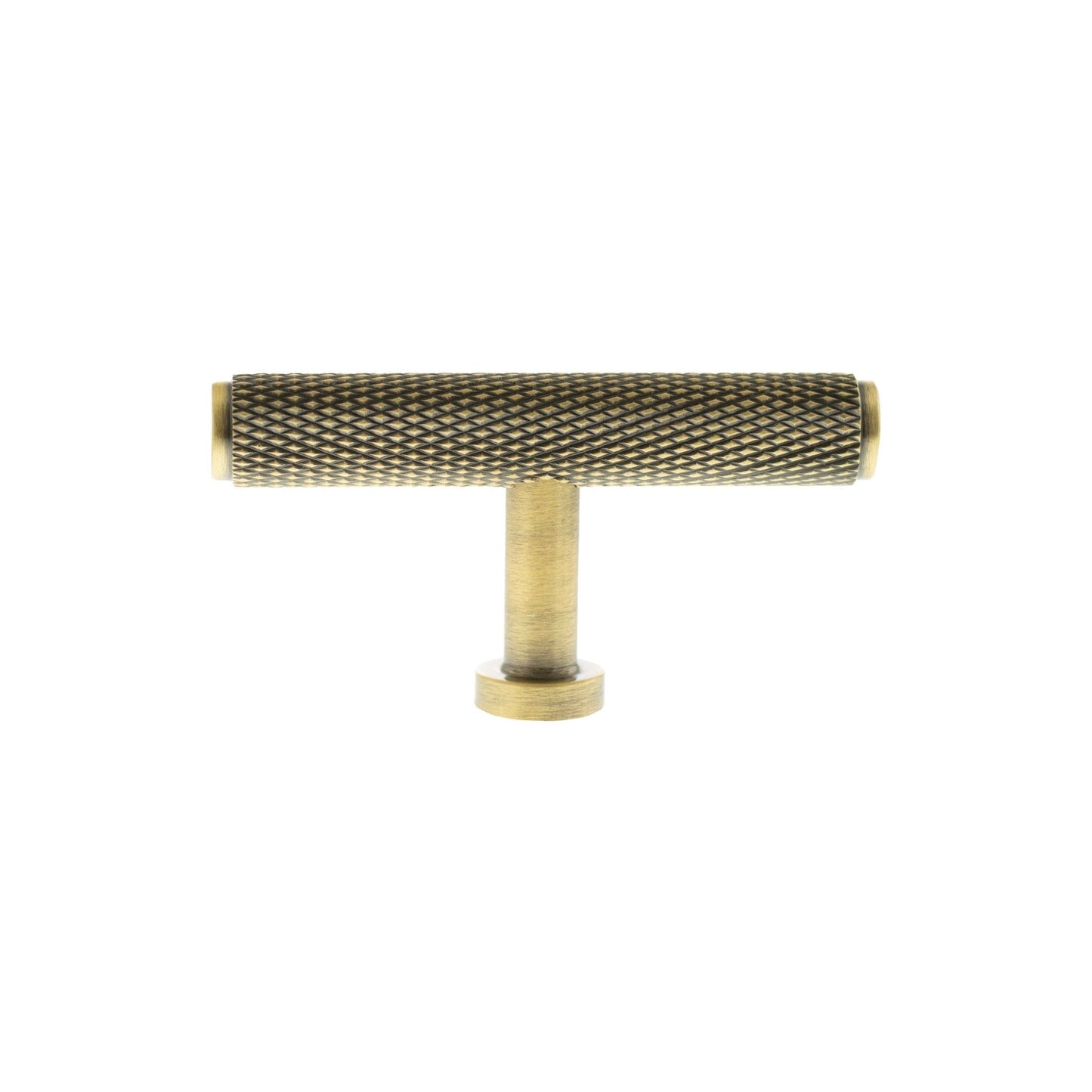 Atlantic Millhouse Brass Eiffel Knurled T-Bar Cabinet Knob Handle featuring a textured knurled grip and a horizontal T-bar design, made of brass with a polished finish.