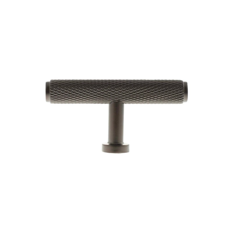 Atlantic Millhouse Brass Eiffel Knurled T-Bar Cabinet Knob Handle in a dark bronze finish, featuring a textured knurled grip and a straight post design.