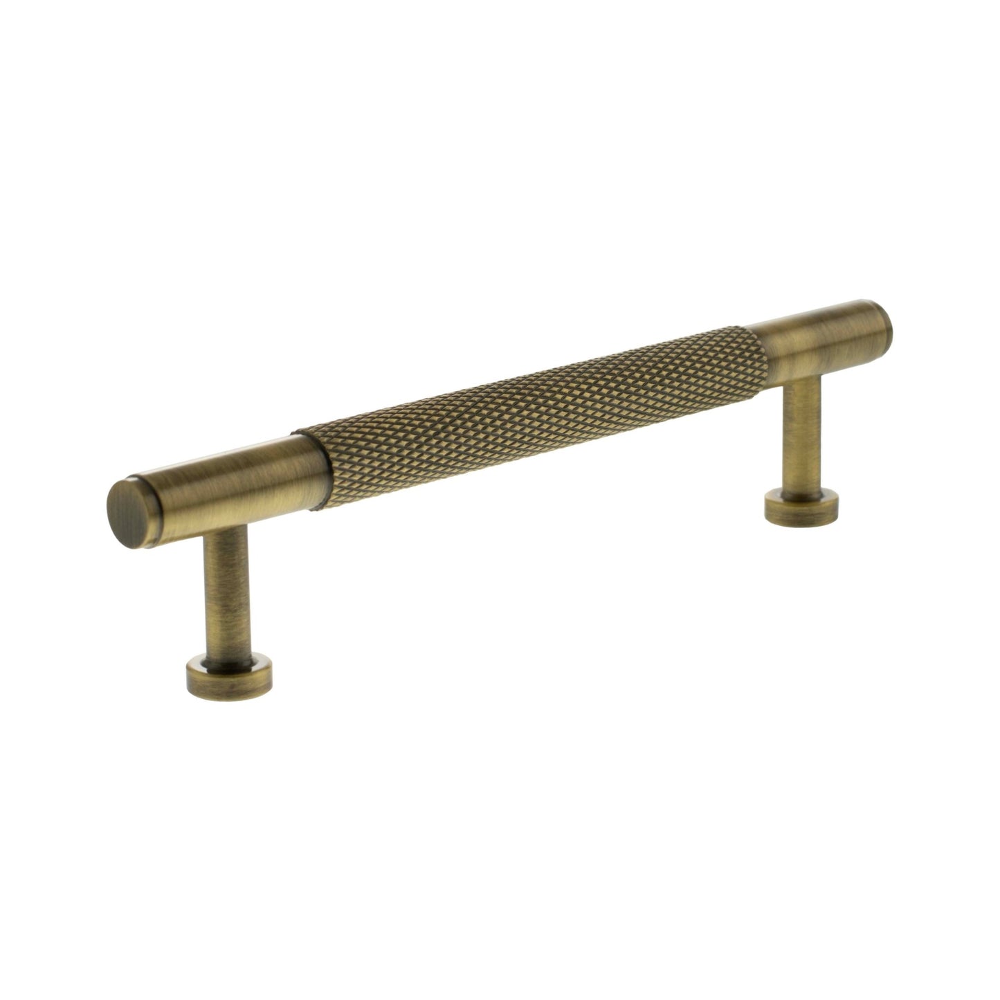 Atlantic Millhouse Brass Eiffel Knurled T-Bar Cabinet Pull Handle, measuring 128mm in length, featuring a textured knurled grip and finished in an antique brass tone.